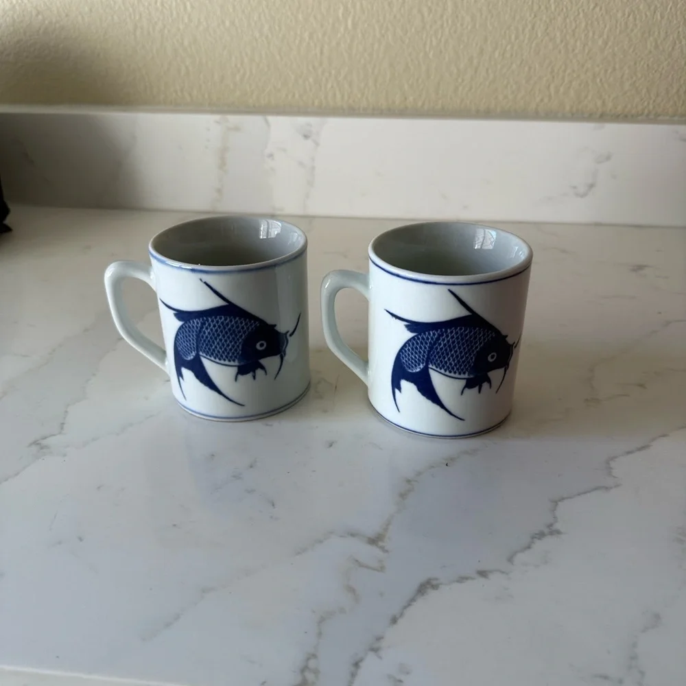 Vintage Pier 1 Koi Blue Mugs